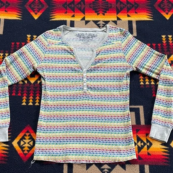 Rainbow hearts Long Sleeve Henley Y2K - Picture 1 of 4